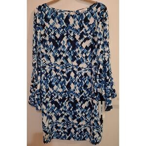 DKNY Women's Bell-Sleeve Printed Chiffon Shift Dress Blue Size 10 Brand New